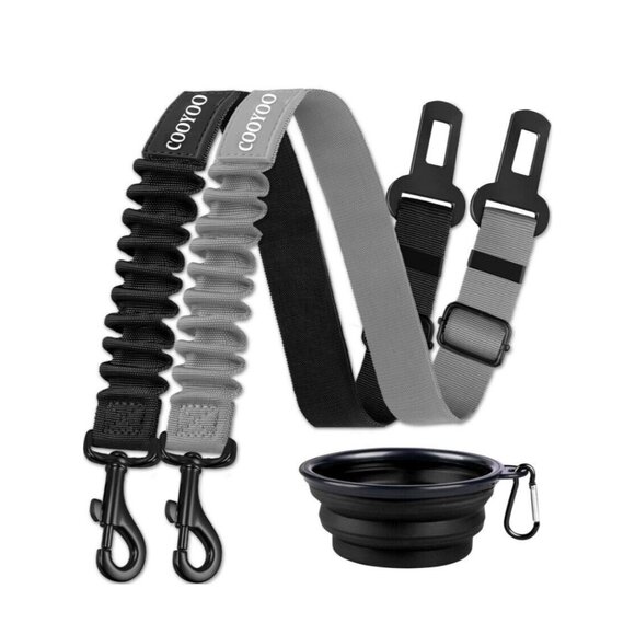 2 Dog Car Seat Belts Grey & Black With Travel Water Bowl Collapsable Set Brand - Picture 1 of 6